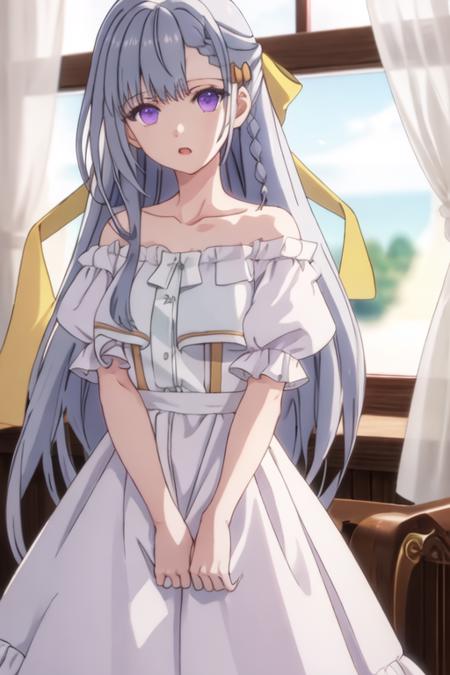 best quality, masterpiece, highres, solo, {euphyllia_magenta_tenseioujototensaireijounomahoukakumei:1.15}, purple_eyes, long_hair, bangs, grey_hair, braid, bow, blurry, hair_bow, hair_ornament, 1girl, indoors, looking_at_viewer, collarbone, short_sleeves, very_long_hair, upper_body, closed_mouth, curtains, dress, open_mouth, white_dress