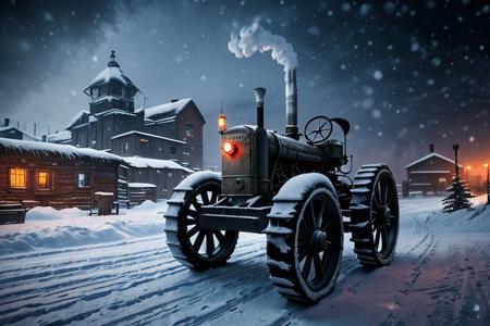 breathtaking frostpunk, a beautiful first nations woman 21 yo, dressed in retro winter garb, hood. (snowing:1.2), at dusk. walled settlement, machinery, belching smoke in the background. steam tractor. . award-winning, professional, highly detailed,