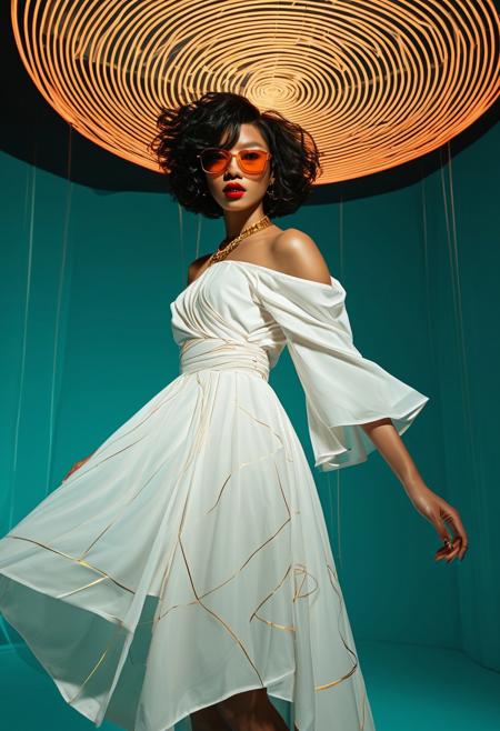 image of a 25yo, a young korean woman, pale fair skin, pretty, red lips, dark asymmetric shoulder-length hair cut hair, messy hair,  fashionable, A dark skin african  woman levitating above a spiraling vortex, her body draped in fabrics with geometric shapes. white dress, with orange gold shapes, teal while spirals light projection, light projection effect, neckbone, off-shoulder dress, dark background pitch black background, depth, artistic composition, surreal editorial photography, conceptual fashion art, bold color contrast, dramatic lighting, high-concept staging, hyperrealistic depth, avant-garde poses, stylized human figures, immersive narrative composition, fine art fashion fusion, visually striking surrealism, theatrical visual storytelling, high fashion, gel lighting, lighting projection from offscreen, projector, realism, poster, glass, tinted eyewear, digital glitch background, glass body, see-through, digital glitces, <lora:FF.101.juggernautXL_version6Rundiffusion.LORA:0.75> <lora:fenn_neoncolor:0.76> <lora:Elegence_Niji:0.8> <lora:mot_wwm:0.35> <lora:NeonSpectra:1>