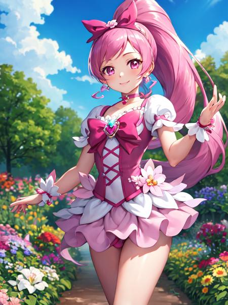 cure blossom long ponytail, hair ribbon, wrist cuffs, gem, flower earrings, boots, choker, shorts under skirt, pink shorts