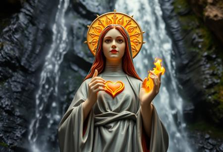 Saint Statuette. Brigid. Woman with copper hair, fiery halo, fiery heart, one fiery hand. Gray Nun's habit, white wimple. Waterfall grotto background. View from below.