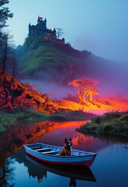 (Neon Light Trails Photography by Marion Ettlinger and Alyson Hunter:1.2), castle on top of hill with haunted atmosphere, star sky,( award winning, (aesthetic of abstract landscape with wailing atmosphere:0.1),dystopian style from the cave you can see a smooth lake, a girl and a dog are sitting in a boat, there is fog on the shore, a dark forest, mountains are illuminated by dawn in a haze . bleak, post-apocalyptic, somber, dramatic, highly detailed
 battle stancevibrant,  , highly detailed,byJocelyn Hobbie and Charles Dwyer, Triadic color guide,Leica Q2 with Summilux 28mm f/1.7 ASPH, ,clear face, Ultra High Resolution,