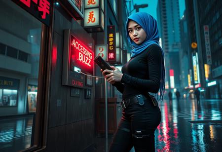 Photorealistic cyberpunk scene in the Blade Runner visual style. A teen girl stands confidently in a rain-slicked alley in Neo Tokyo at night, facing a glowing wall-mounted terminal. She wears a luminous electric blue hijab, with strands of black hair tipped in luminescent blue visible underneath. Her makeup is bold—glittery pink lipstick and glowing pink eyeshadow. She’s dressed in a tight black turtleneck, fitted tactical pants with utility belts, and high black boots. In one hand, she holds a sleek, futuristic handheld computer connected to the terminal by a thin, silvery wire. The terminal glows with bright red text that reads “ACCESSING BUZZ.” Neon lights in kanji, flickering advertisements, and the ambient glow of towering skyscrapers frame the scene. The ground reflects city lights through puddles and mist. Rain falls gently, adding texture to the cinematic, moody atmosphere.
–v 5 –ar 16:9 –style photorealistic –lighting cinematic –atmosphere rainy, neon, gritty –quality ultra-detailed –text “ACCESSING BUZZ” in bold red on terminal