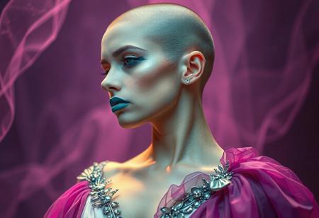 human sorceress, ((((fully shaved head)))), pale, subtle eyeshadow, teal lips, silver and magenta gown, ((fantasy art)), ((sensual)), ((high fantasy)), colourful, magic,
, rear projection, pastel color grading, low-angle shot
