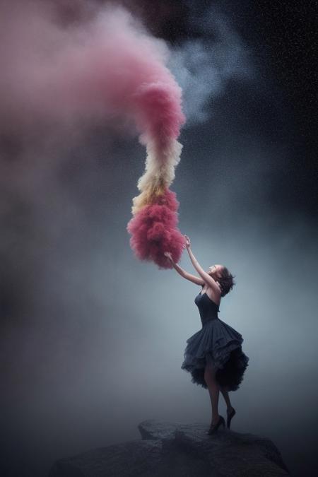 surreal, waltz of fractal smoke over the abyss, fantasy smoke, dresses and stars, dynamics, movement, wind, colorful, intricate details, perspective, hyper-detailed, hyper-realism, professional photoshoot