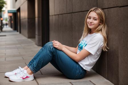 full body,photo of a 18 year old girl,sitting against a wall,happy,laughing,shirt,pants,ray tracing,detail shadow,shot on Fujifilm X-T4,85mm f1.2,sharp focus,depth of field,blurry background,bokeh,lens flare,motion blur,<lora:add_detail:1>,