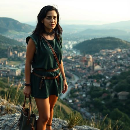 a medieval female with dark hair wearing a sleeveless short dark green medieval tunic, bare legs and medieval sandals, around her throat she wears a black choker, at her feet a small medieval travel bag, she is standing on a hilltop overlooking a sprawling medieval city in the valley below, she has a look of excited anticipation on her face. cinematic photorealistic, 8k uhd natural lighting, raw, rich, intricate details, key visual, atmospheric lighting, 35mm photograph, film, professional, 4k, highly detailed