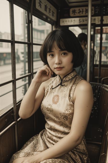 (small girl) sitting, old Hong Kong,
beautiful asian baby face,
bangs, traditional hair style, small body, narrow shoulder, medium breasts,
cheongsam, sexy pose,
background of 1960s Hong Kong crowd in tram,
old photo,
dust,
<lora:lcm_lora_sdv1_5 :0.5><lora:FilmVelvia3:0.5> <lora:oldPhotoV1:0.6>