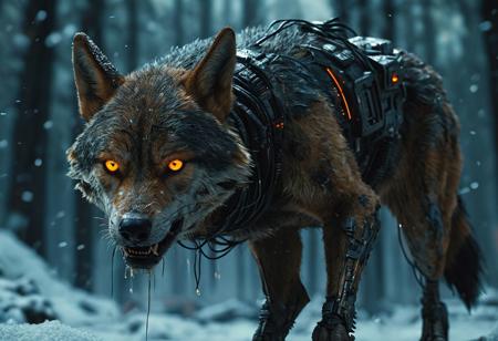 cyberpunk, distopic future, bladerunner 2049. very detailed and complex biomechanical wolf gazing at viewer, about to hunt, (night snow forest:1.5), sparking and intimidating amber eyes, (hunt position:1.5), bioluminicense wires, hard edges, opaque gray color, dirty, rusty, fangs, (intricate details:1.5), (detailed paw:1.2), (growling:1.5). Scify, otherworld, bladerunner 2049. (POV, frontal, medium shot), (Camera canon eos r6 mark ii, len 35mm, f1.6). Cinematic, cinematic lighting, dimsy lit, volumetric light. High-quality, hyperdetailed, intricate details, realistic, perfect composition, intriguing glowing eyes, 8K, UHD, HDR. easynegative
