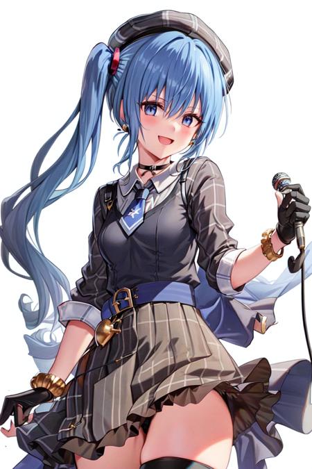 1girl, solo, best quality, masterpiece, 1girl, solo, gloves, blue eyes, star \(symbol\), hat, blue hair, hoshimachi suisei, skirt, jewelry, choker, thighhighs, plaid, belt, socks, blue socks, on back, grey headwear, black gloves, blue choker, microphone, midriff, crown, beret, side ponytail, smile, shirt, ribbon, partially fingerless gloves, looking at viewer, single thighhigh, shorts, star in eye, open mouth, plaid headwear, single sock, shorts under skirt, hair between eyes, thigh strap, bracelet, kneehighs, symbol in eye, star earrings, bangs, hair ribbon, single kneehigh, blue ribbon, asymmetrical legwear, plaid skirt, star choker, jacket, earrings, crop top, buttons, skirt lift, collarbone, long hair, blush, long sleeves, breasts, plaid jacket, collared shirt, thighs, grey skirt, lifted by self, black choker, sidelocks, grey jacket, :d, black shorts, uneven legwear, mini crown, bow, frills, boots, blue nails, miniskirt, short necktie, necktie, blue belt, short shorts, small breasts, underwear, blue bow, belt buckle, cowboy shot, stage, concert, smile,  <lora:Yabuki_V1.0:0.7>, <lora:Hololive_hoshimachi_suisei_v1.0:0.6>