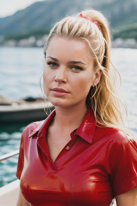 RAW, real photo portrait, rebeccaR2 , on a boat, (wearing a wet red t-shirt), pretty face, insanely detailed eyes, light blonde hair, high ponytail, bokeh, natural light, depth of field, golden hour, sharp focus