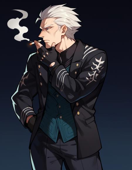 profile, cigarette, smoking, hand on hip, hand on chin hand in pocket