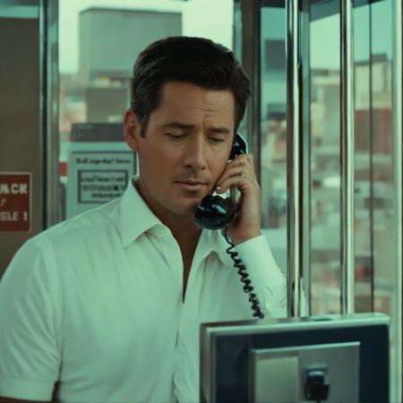 movie still closeup shot of a man in a phone booth talking on the phone, movie still of a man in a phone booth talking on the phone, phone near head, night time, dark, gloomy, closeup shot