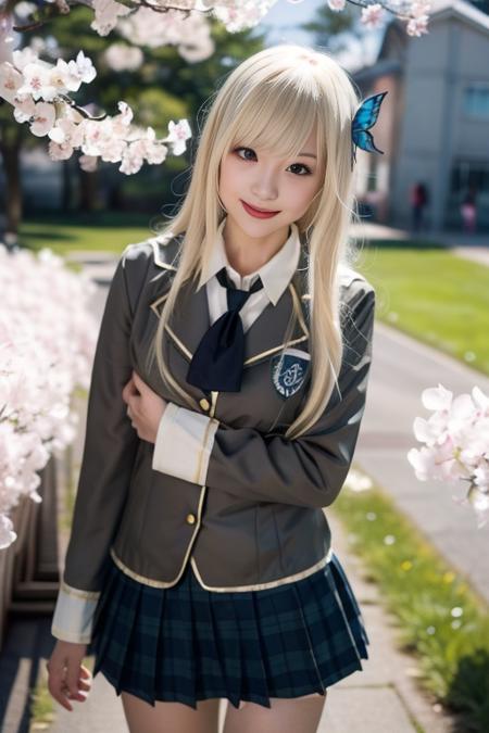 ultra-detailed,highly detailed,best quality,masterpiece,illustration,
kashiwazaki Sena, 1girl, solo,cosplay,st. chronica academy school uniform,buttons,
blazer, pleated skirt, plaid skirt, necktie, collared shirt,light brown shirt, wing collar, 
looking at viewer, light smile, 
photo background, nature, flower field, cherry blossoms, wind,petals, falling petals, 
 <lora:kashiwazaki Sena_v1_07:0.7>