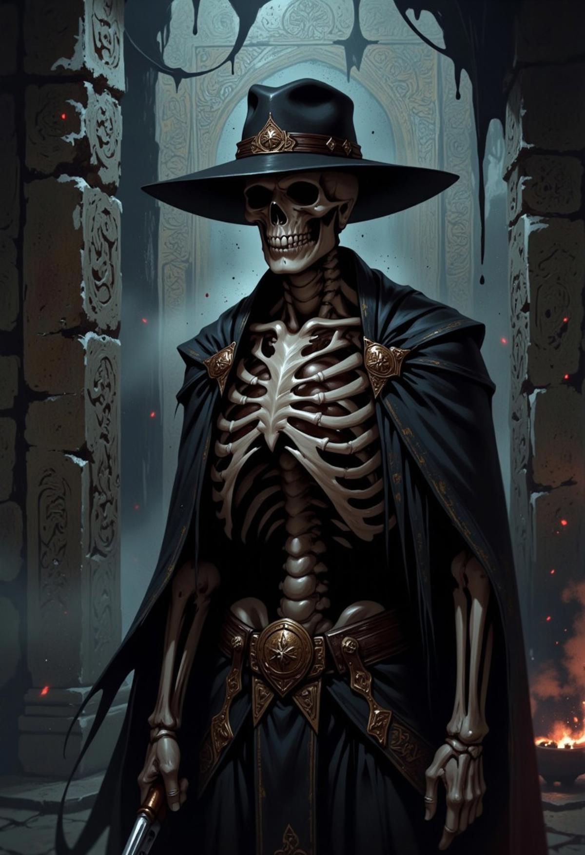 MythP0rt, A human skeleton wearing a black cowboy hat.