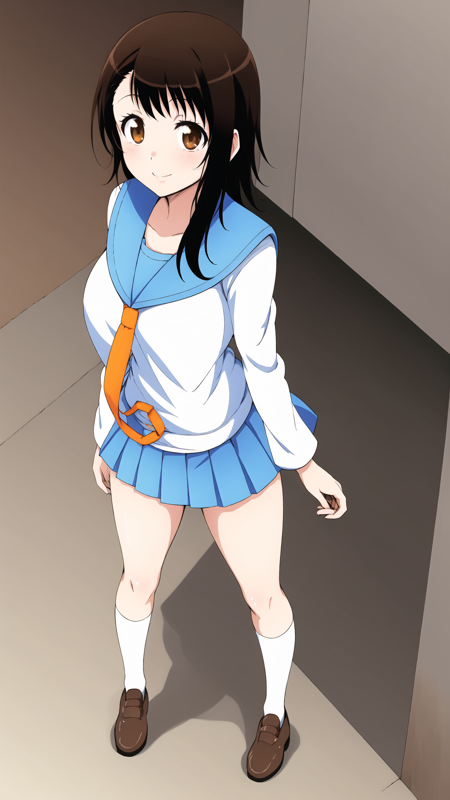 onodera_kosaki, 1girl, solo, long hair, skirt, brown hair, brown eyes, school uniform, pleated skirt, shoes, serafuku, socks, blue skirt, kneehighs, white socks, necktie, orange necktie, sailor collar, blue sailor collar, collarbone, shirt, white shirt, miniskirt onodera_kosaki, 1girl, solo, blush, brown hair, black hair, cleavage, bare shoulders, brown eyes, medium breasts, collarbone, swimsuit, one-piece swimsuit, covered navel, school swimsuit, blue one-piece swimsuit, competition school swimsuit, one-piece swimsuit pull, barefoot