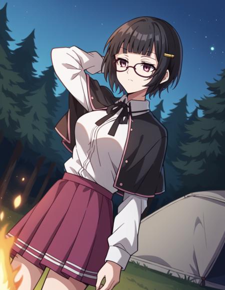 souna sitri, short hair, black hair, hair ornament, glasses, hairclip, bangs, blunt bangs, purple eyes, medium breasts shirt, ribbon, school uniform, white shirt, black ribbon, neck ribbon, capelet, black capelet, long sleeves, skirt, red skirt,