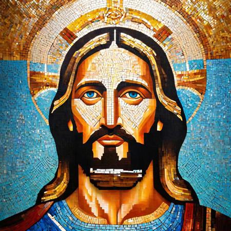Envision a mosaic representation of Jesus Christ on the walls or ceiling, with reflections of the mosaic patterns creating a brilliant and intricate display