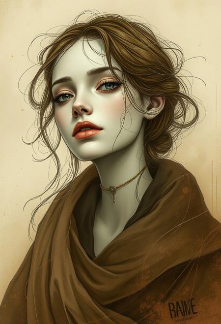 soft contemplative portrait, intricate flowing linework, muted earthy tones with delicate highlights, dreamlike atmospheric stillness, elegant fantasy detailing, introspective solitary mood, subtle textures and swirling patterns, delicate yet deeply expressive
