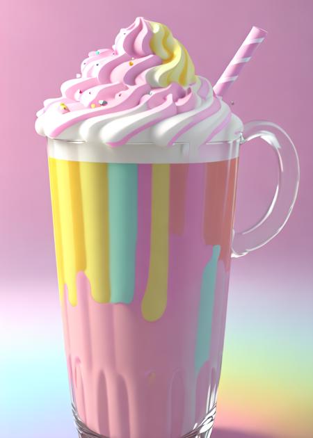 multicolor thick loaded milkshake in a tall glass, quaint, cozy, pastel colors, colorful, studio quality, raytracing, masterpiece, magical, 3d