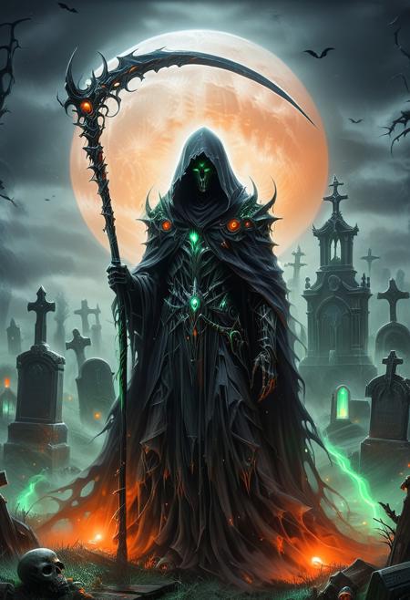 UHD, HDR, ((masterpiece, best quality)), absurdres, graphic novels illustration, bleak painting of a spooky ghoul in a secluded graveyard, Hooded and cloaked, holding a scythe, horror, grey sky, dark clouds, a dark and eerie night, a thin lair of mist covers the ground, ((glowing orange and green lights)), full moon, otherworldly scenery, ((dark fantasy theme, dark theme)), 
 <lora:HKHorrorXL:0.6> hkhorror 
<lora:necromancerlichXL:0.6> undead, lich,