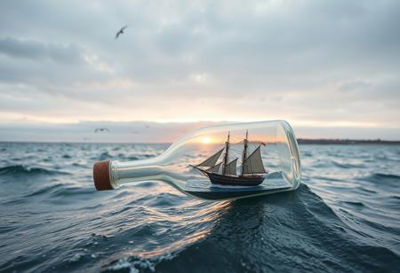 The sea. A cork-sealed clear bottle with a model of a three-masted sailing vessel inside (close-up) on a sea wave. There is an uninhabited shore on the horizon. Seabirds circle the sea. Sunrise. Low cloud cover. Nice weather.