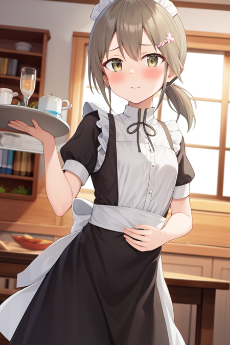 minowagin, hairclip, ponytail, 1girl, solo, apron, blush, tray, flower, table, cup, indoors, looking at viewer, short sleeves, skirt tug, maid, dress