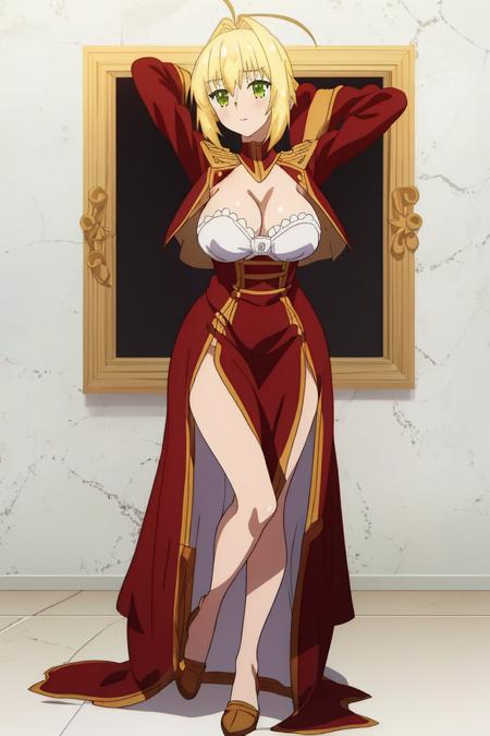 <lora:last_encore_512:1>,
masterpiece,best quality,1girl,solo,fxle_anime,nero,blonde hair,perfect body,blonde hair,large breasts,
long dress,red dress,cleavage,white bra,long sleeves