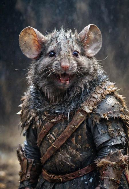 close up shot of the mouse barbarian warrior, wet dark grey fur, dirt,  grunge clothes, grotesque background, extremely beautiful, grunge photography style, hyper-realistic, National Geographic award photography, 4K, high definition, high resolution