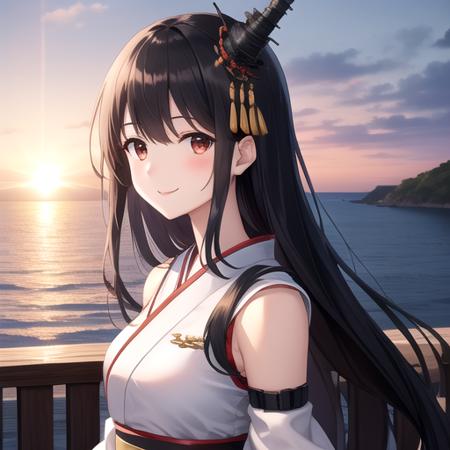 ((masterpiece)),(best quality),official art,extremely detailed CG,unity 8k wallpaper,ultra detailed,A lighthouse on a cliff by the sea,1girl,solo,upper body,(portrait:1.2),detached_sleeves,black_hair,red_eyes,long_hair,japanese_clothes,tabi,nontraditional_miko,wide_sleeves,red_skirt,white_socks,geta,hair_ornament,red_hakama,pleated_skirt,smile,breasts,hakama_short_skirt,hakama_skirt,thigh_strap,<lora:Fusou(kan)>,