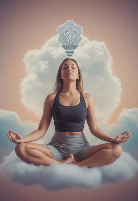 A Women Sitting on cloud in Yoga Stype, the chakras should be aligned vertically, starting from the root chakra at the base and ending with the Soul chakra at the top of the head. Add elements that suggest clarity and understanding, such as light bulbs, clear paths, to convey the idea of demystifying or revealing hidden knowledge