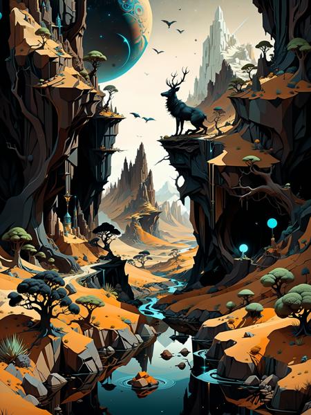 by Brian Froud and Petros Afshar, hyper realistic medium full shot photo of  a (otherworldly landscape:1.4),  (exquisite , elegant , masterful:1.4), poster art, bold lines, hyper detailed, award winning,  dark limited color palette, high contrast, depth of field, (intricate details, masterpiece, best quality:1.4), underlighting, dynamic pose, wide angle panoramic view, <lora:add-detail-xl:0.5> <lora:xl_more_art-full_v1:0.5>