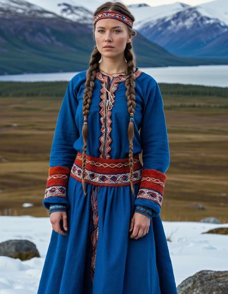 Female-Militia-Tribal, Hyperrealistic art, cinematic, cinemascope, movie-still, UHD, full-body portrait of a female member of the Sami people from Northern Europe, with bright blue eyes, fair skin, and long, flowing hair decorated with small braids. She wears a traditional gákti, a colorful garment made from wool and decorated with intricate embroidery and fur trim. The dress flows down to her ankles, and her boots are made of reindeer hide, stained with mud from the tundra. The backdrop showcases the serene beauty of the Arctic landscape, with snow-covered ground and distant mountains.
