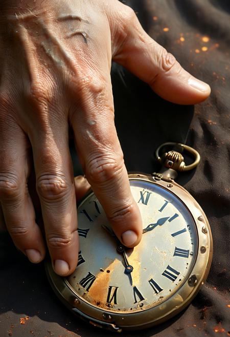 dvr-rst, runemagic, A close-up of an old man's hand, aged and weathered, with deep wrinkles and sunspots, gently holding a rusted antique pocket watch. The hand shows the passage of time through its texture — veins prominent, skin thin and creased. The pocket watch is partially open, its metal tarnished and aged, with faint engravings barely visible under rust. A soft, moody light illuminates the hand and watch, casting subtle shadows, with a dark blurred background that evokes nostalgia and history. Hyper-realistic detail, macro shot, shallow depth of field, cinematic tones, high texture fidelity.