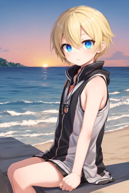 (1boy:1.4),
multicolored background, looking at viewer, hair between eyes, highlight in eyes, (very short hair),
crew cut, (blonde hair:2), (fully clothed :1.4), colorful eyes, ((masterpiece,4:1)),  full shot,
multiple details, sky, sea, beach,  whole body, short hair, handsome, (bulge:0.4), 
beautiful eyes (vocaloid), delicate features, high light in eyes, (narrow chin:1.5), triangle chin,  (introvert:1.6)
petite, young, juvenile, short hair, detailed beautiful little boy, adorable boy, sparkling eyes, (sunset beach), muscular:0.6