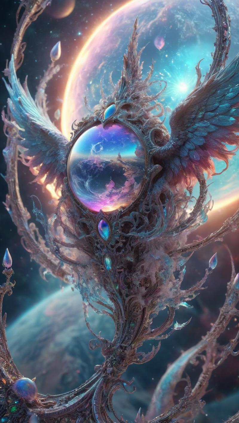 Fantasy Art: Large Blue Sphere with Wings and Eyes on a Purple Background
