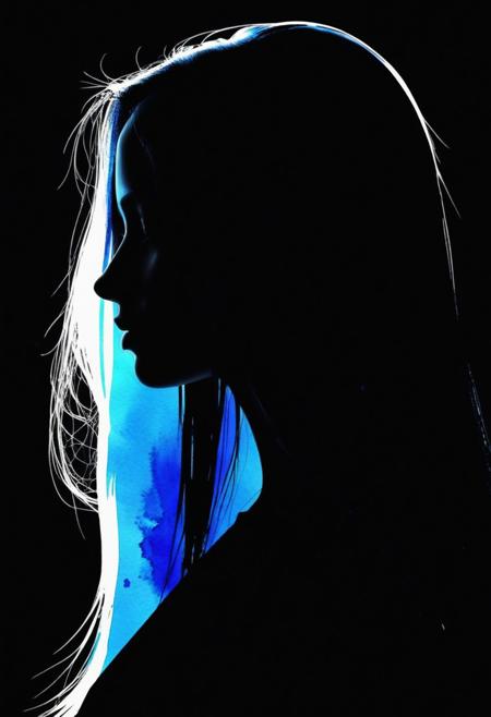 watercolor style portrait in profile, dark silhouette of a woman's face, long straight hairs, the head is slightly raised, blue back light, contrast colors, black background