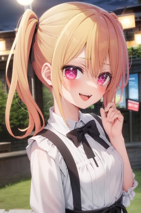 1girl,  solo, smile, open mouth, blush, looking at viewer, sky, night, close-up, apron, portrait,  stage lights, cinematic light, side ponytail, small breasts,   <lyco:rurudolit_1376:0.7> <lyco:suya2-000016:0.5> <lora:rubylocon_v2:0.8>