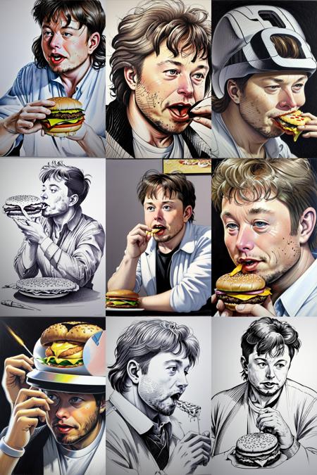 takeON, a portrait of elon musk eating a cheeseburger <lora:takeON:1>