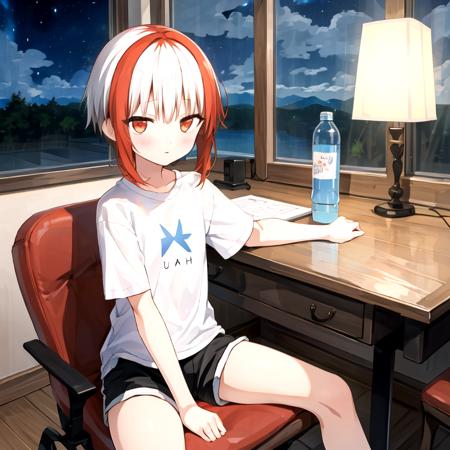 sfw, 1girl, solo, sumi \(monobeno\), flat chest, two-tone hair, red eyes, blunt bangs, sitting on chair, from above, interested, jitome, short hair, beautiful detailed eyes, <lora:SumiMonobeno:0.65>,
BREAK,
(white shirt, short sleeves, shorts, :1.3), indoors, bedroom, desk, lamp, contemporary, window, mountain, (night, night sky, cloudy sky:1.5), water bottle, table, masterpiece, best quality,