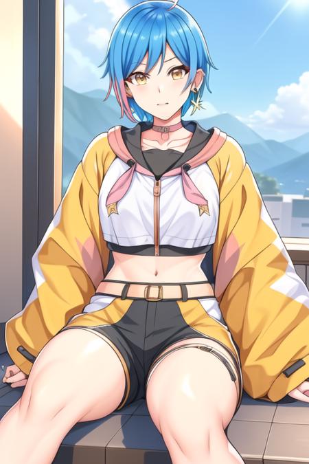 地点：(day),School, Rooftop,
动作：sitting at attention,sitting on couch,
服饰：a yellow and white jacket with a star on it's chest,earrings,Pink_choker,midriff, navel,jewelry, long_sleeves,Shorts,
角色：<lora:Aipii-V1:0.9>,virtual_youtuber,<lora:aiueOkaStyle_v10:0.1>, <lora:saiminSeishidou:0.1>,<lora:odaNonStyleLORA_v2:0.2>, oda Non,
头发：(blue_Short_hair:1.3),yellow_eyes,thigh_strap,
角色鎖定：
1 girl,Solo, Manga,20yo,mature female,Beautiful Finger,Beautiful long legs,Beautiful body,Beautiful Nose,Beautiful character design, perfect eyes, perfect face,
眼神表情：
looking at viewer, (innocent_big_eyes:1.0),(expressionless:1.3),(light_smile:0.7),
畫質:
official art,extremely detailed CG unity 8k wallpaper, perfect lighting,Colorful, Bright_Front_face_Lighting,
(masterpiece:1.0),(best_quality:1.0), ultra high res,4K,ultra-detailed,
photography, 8K, HDR, highres, absurdres:1.2, Kodak portra 400, film grain, blurry background, bokeh:1.2, lens flare, (vibrant_color:1.2)
身材:
(Beautiful,Medium_Breasts:1.1), (beautiful_face:1.5),(narrow_waist), 