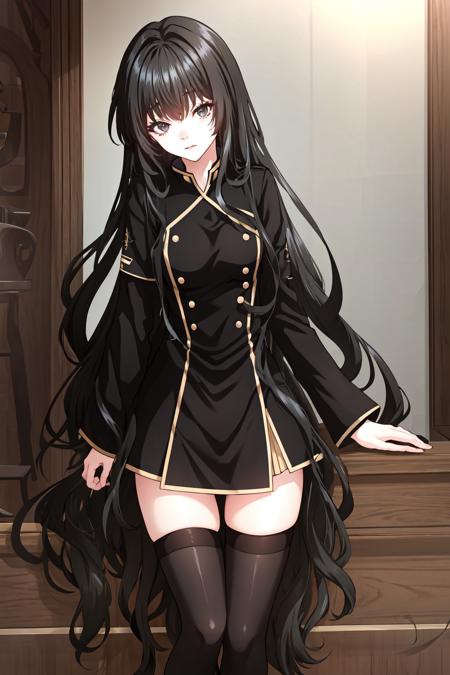 kathyln, 1girl, solo, long hair, black hair, thighhighs, dress, black thighhighs, uniform, black eyes, zettai ryouiki, genderswap, genderswap (mtf), stairs, masterpiece,  <lora:kathyln:1>