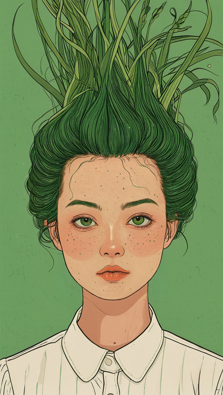 illustration, a portrait of green onion, puff hair, <lora:Exquisite_illustration:1>