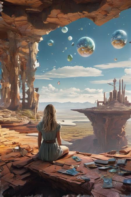 grand and complex fantasy scene of Australian  girl  in  Fractured Reality: A landscape where the laws of physics are broken, where objects defy gravity and space folds in on itself. with many epic details,