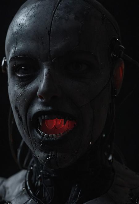 (((extreme close up details of skin, mouth))) Closeup Portrait of DARK outworn Sci-fi Cyborg with translucent vampire teeth, wires and cables implementation overall face,
darkness, atmospheric haze, Film grain, cinematic film still, shallow depth of field, highly detailed, high budget, cinemascope, moody, epic, OverallDetail, 2000s vintage RAW photo, photorealistic, candid camera, color graded cinematic, eye catchlights, atmospheric lighting, imperfections, natural, shallow dof