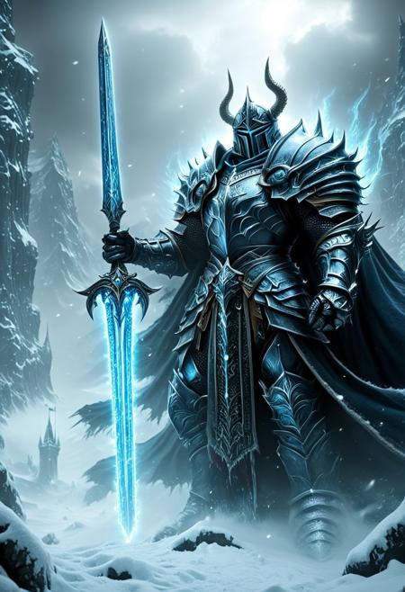 A highly detailed and hyper-realistic concept art image of a person holding a sword. The image should be an epic, full-color splash screen art with insanely intricate details. Draw inspiration from the Lich King, He-Man with a dark expression, and elements from Assassin's Creed Ezio and Dark Souls. The scene should reflect the grandeur and darkness of a fallen knight or an overlord, capturing the intensity and depth found in fantasy art and games like World of Warcraft and Dark Souls.<lora:Magic_of_Art_(FLUX).safetensors:1.0>,
