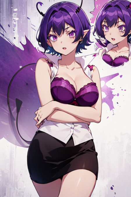 RaimDemonSchool, 1girl, solo, short hair, large breasts, cleavage, purple eyes, collarbone, purple hair, sleeveless, pointy ears, purple bra, makeup, purple bra, heart ahoge, purple hair, miniskirt, demon tail, lace trim, pencil skirt, 