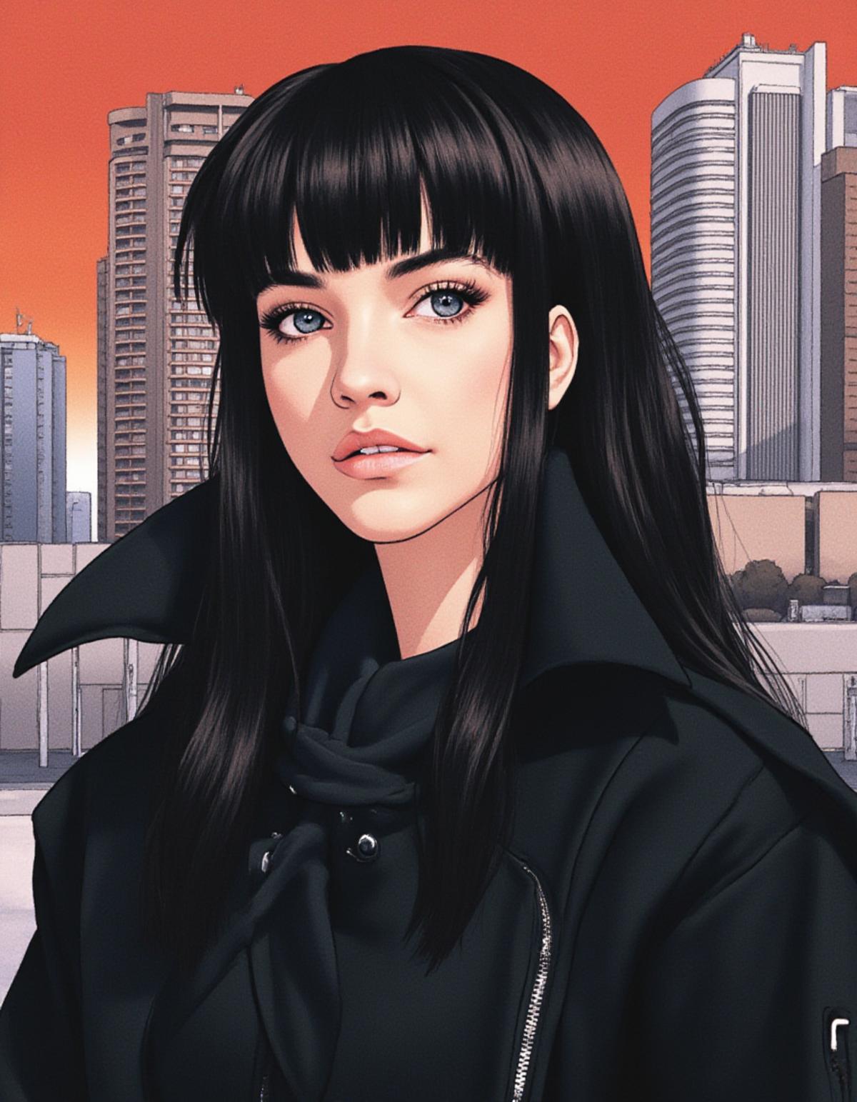 ((Retro 90s Anime style illustration)) drawing of a closeup on face of woman wearing a long black trench-coat futuristic city in the background in the style of the 90s anime Akira. <lora:Barbara_Palvin_FLUX_v1-000061:1>