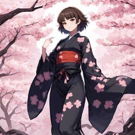 digital art, (masterpiece), (best quality), A detailed and cinematic wallpaper, a woman Niijima Makoto standing under sakura trees with kimono <lora:makoto_xl:1>