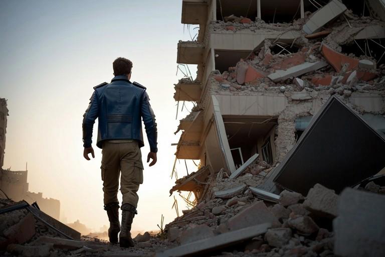 A photorealistic image of Eli, the wild adventurer, walking a narrow path through the devastated city. His leather jacket is dusty from travel and his muscular form moves effortlessly through the rubble of the city. Her shoulder-length, wavy brown hair is tied into a ponytail, and her piercing steel-blue eyes scan the dark, mysterious surroundings cautiously. A scar above his left eyebrow catches the sunlight that filters through the city. He wears beige cargo pants, sturdy boots, and a lightweight backpack filled with essential survival tools. The city is destroyed, the buildings are in rubble, spectacular shadows. ultra-high resolution natural lighting, 8K detail and deep contrast showcasing the textures of his clothes and the city. extra wide shot. lots of people in the city. rear view. imax high definition